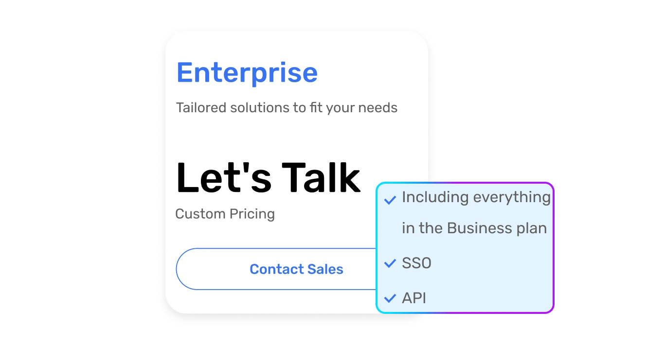 An illustration showcasing the 'Enterprise Features Without the Enterprise Cost' offered by Visla's Video Collaboration Workspace. The image highlights how the workspace provides enterprise-level features, such as SSO and API integration, without the high costs typically associated with enterprise-grade solutions. This allows all users to access top-tier collaboration tools and maximize value, regardless of their budget.